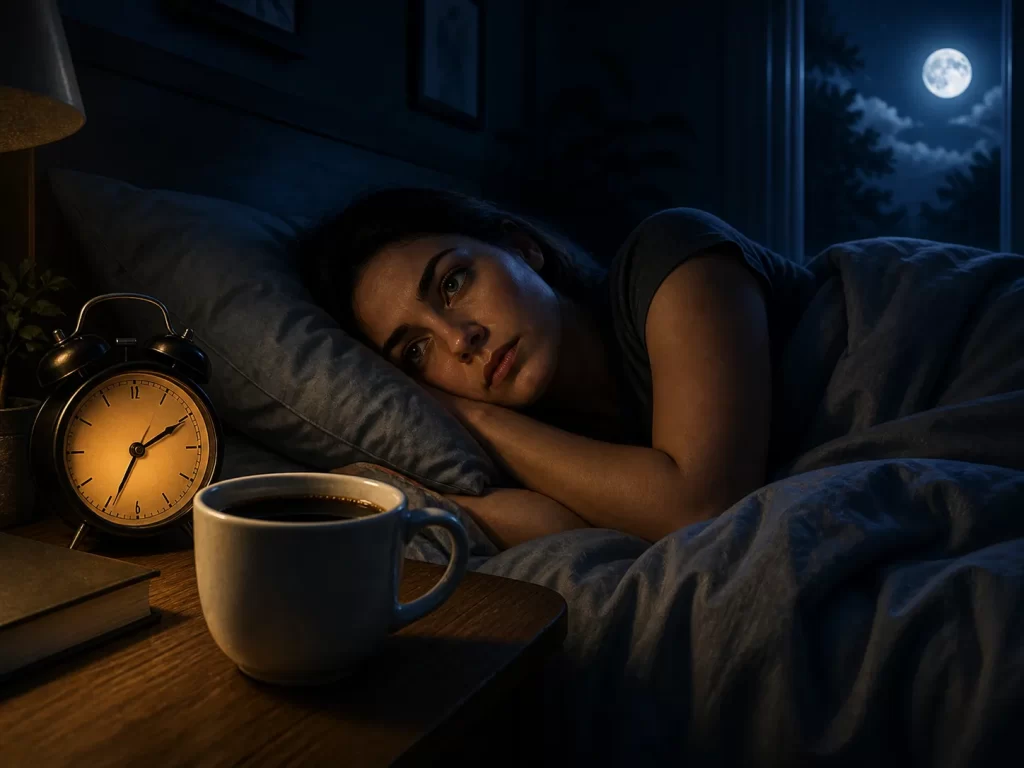 Een kop koffie naast het bed symboliseert hoe cafeïne je nachtrust kan verstoren.