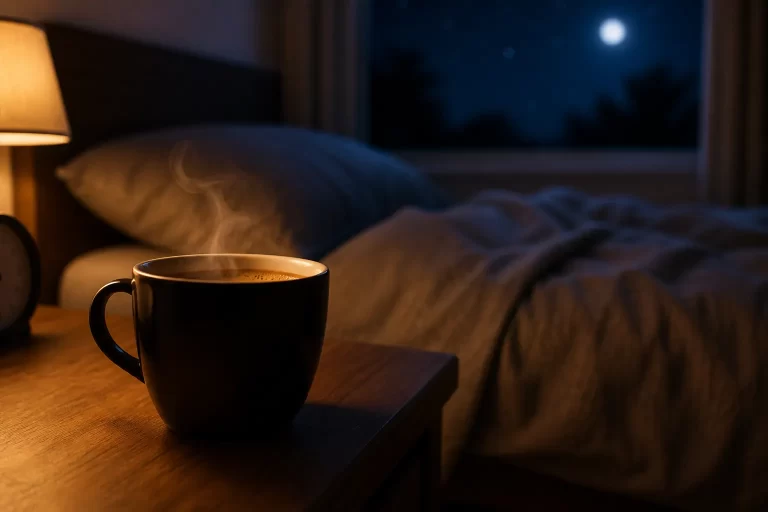 Een rustige avondscène over cafeïne en beter slapen.