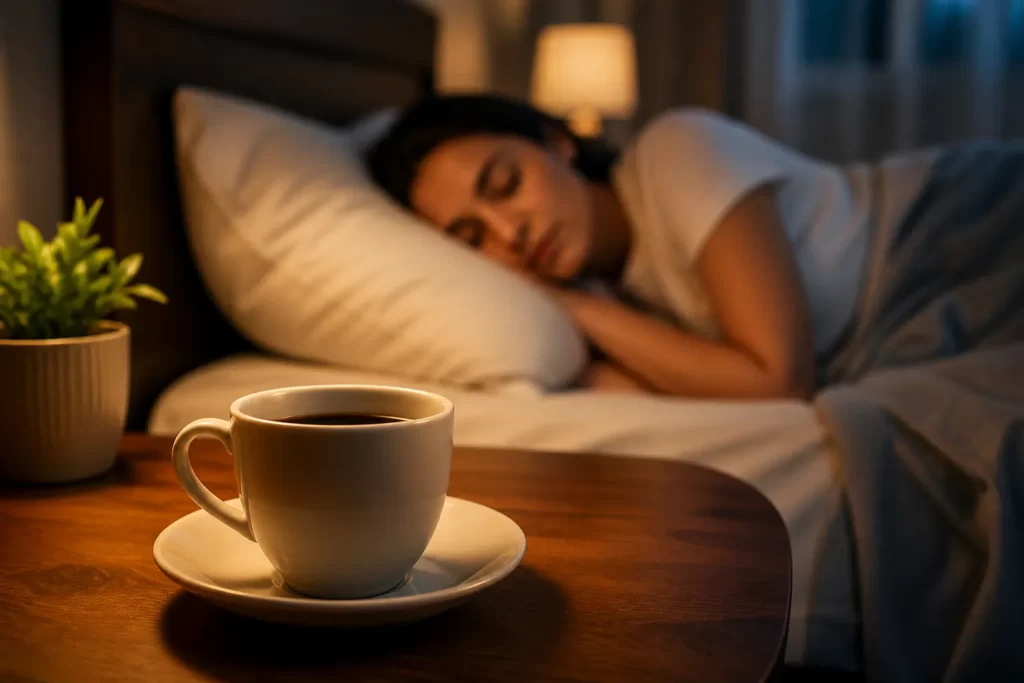 Een rustige avondscène die laat zien hoe late koffie je slaap kan beïnvloeden.