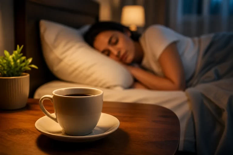 Een rustige avondscène die laat zien hoe late koffie je slaap kan beïnvloeden.