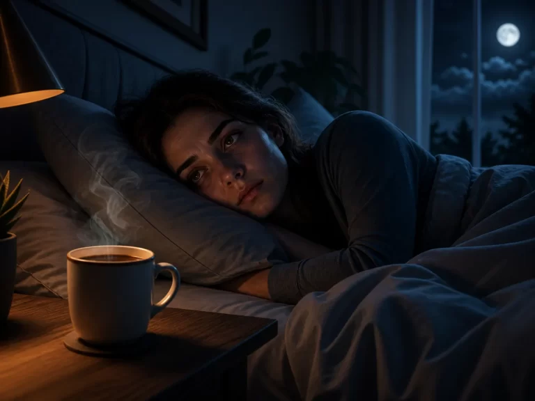 Een persoon ligt wakker in bed naast een dampende kop koffie, terwijl de nacht voorbijgaat.