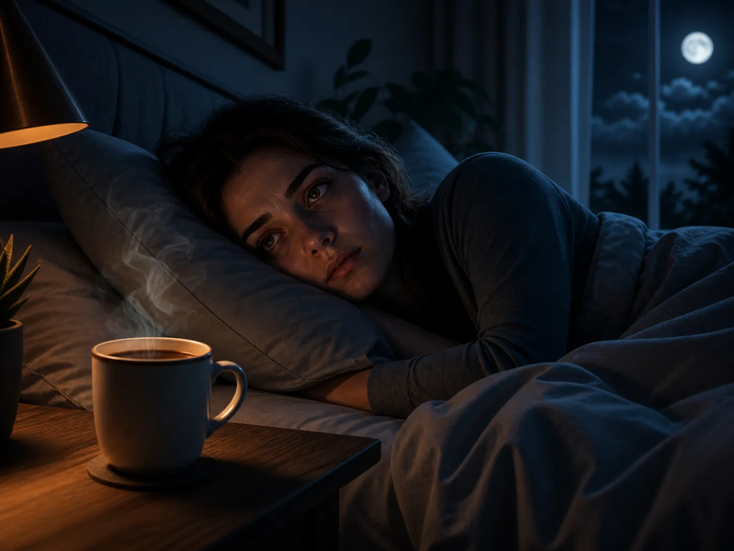 Een persoon ligt wakker in bed naast een dampende kop koffie, terwijl de nacht voorbijgaat.