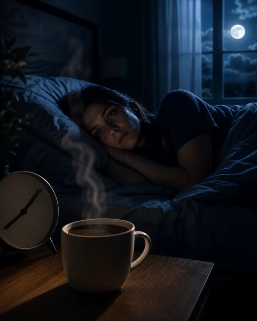 Een slapeloze nacht met een dampende kop koffie naast het bed.