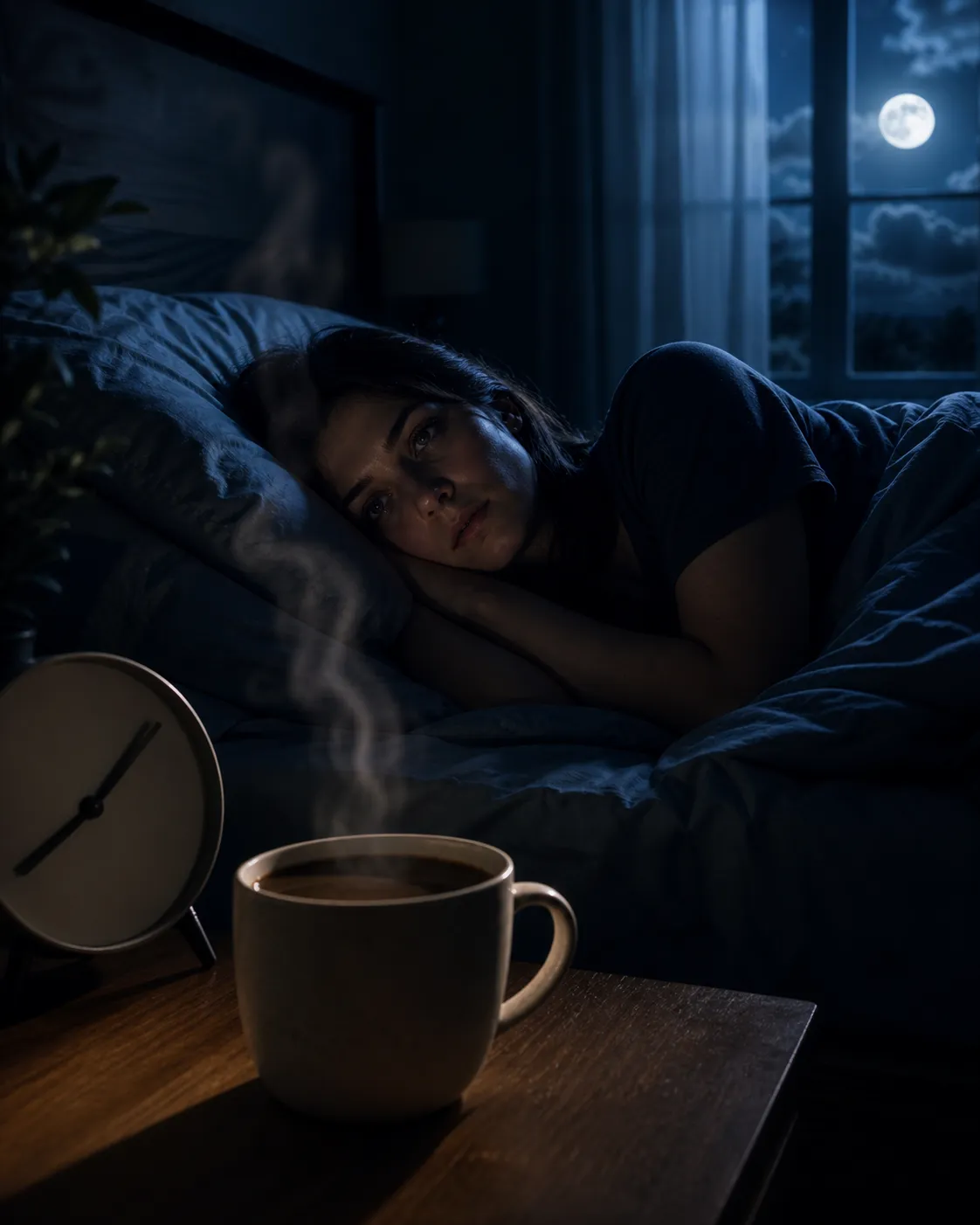 Een slapeloze nacht met een dampende kop koffie naast het bed.