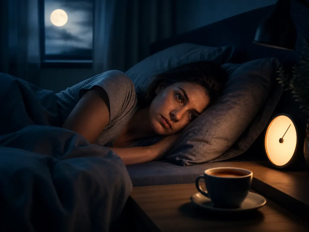 Een kop koffie naast het bed symboliseert hoe cafeïne je slaapkwaliteit kan verstoren.