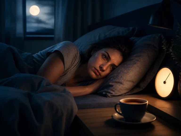 Een kop koffie naast het bed symboliseert hoe cafeïne je slaapkwaliteit kan verstoren.