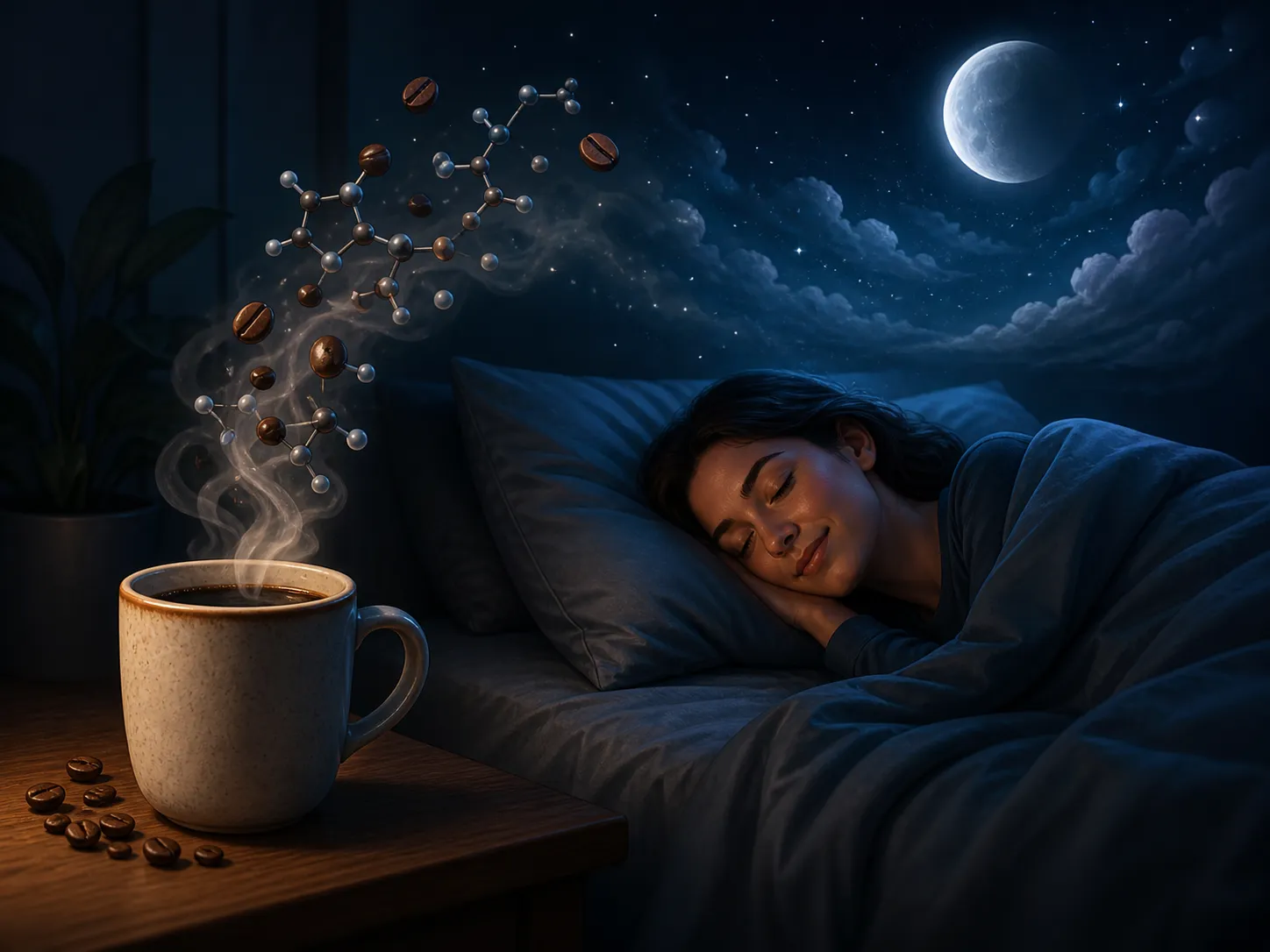 Een rustige nachtscène waarin koffie subtiel wordt verbonden met slaap en dromen.