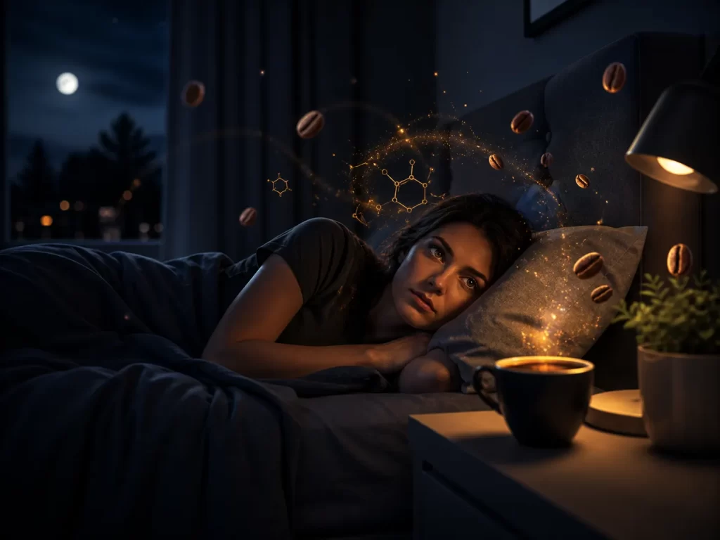 Een nachtelijke slaapkamer waarin koffie en cafeïne symbolisch laten zien hoe je slaap verstoord kan worden.