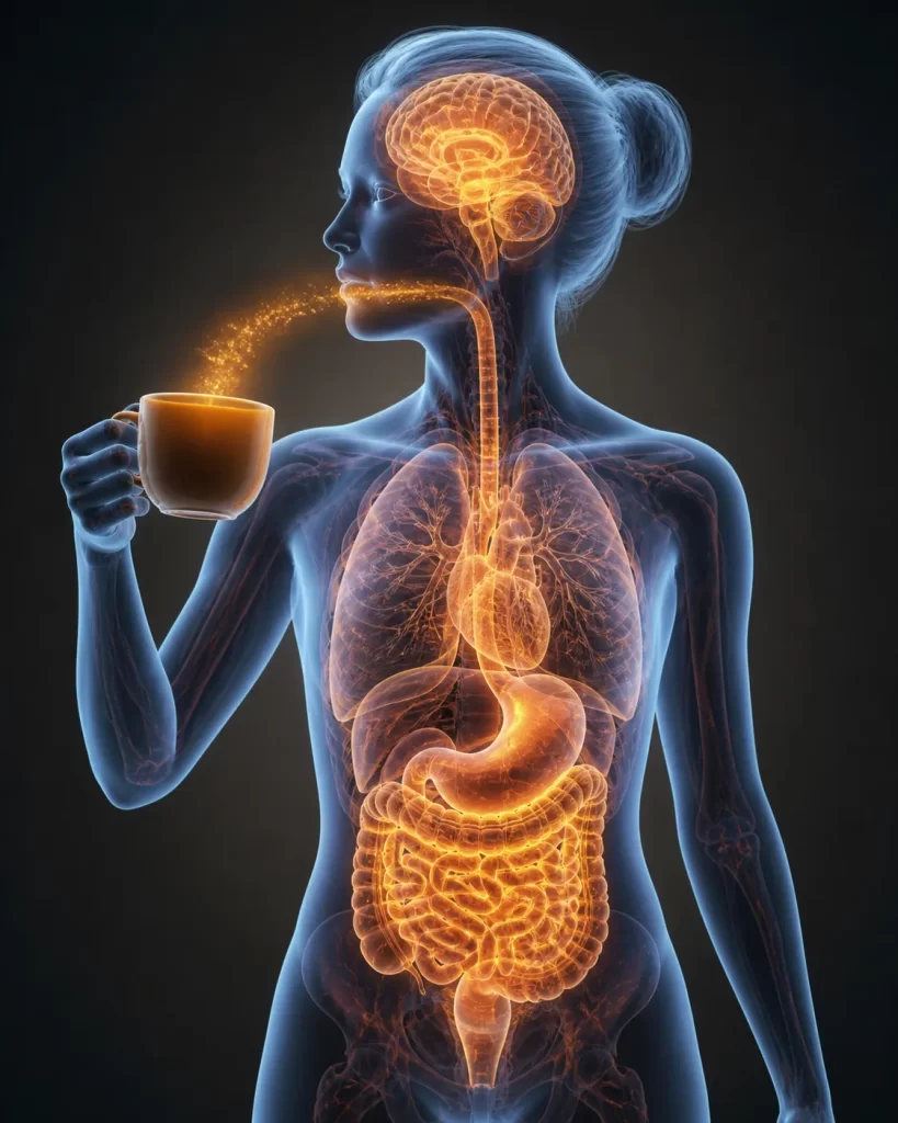 Een medische visualisatie van hoe cafeïne door het lichaam wordt opgenomen en de hersenen, het hart en de spijsvertering beïnvloedt.