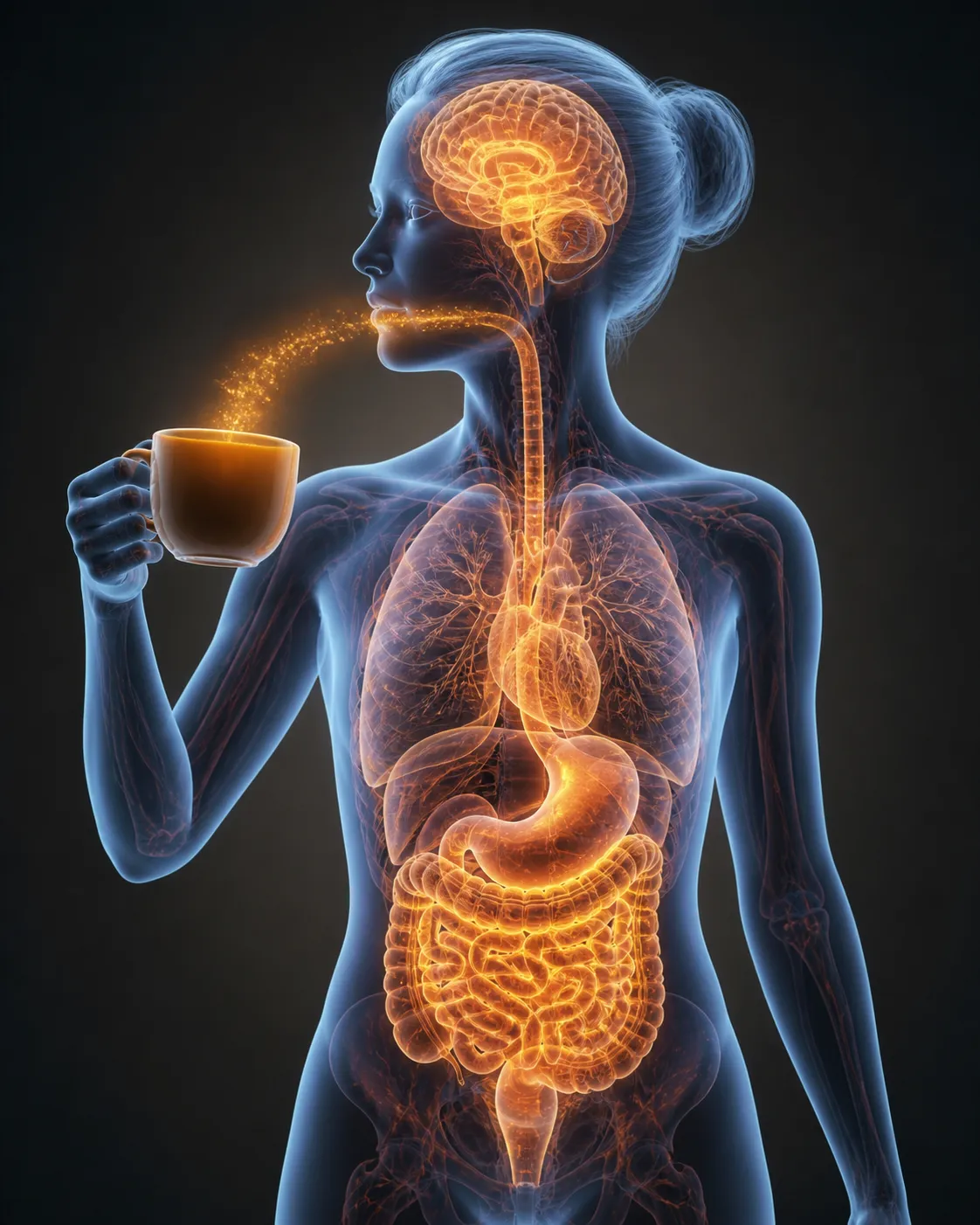 Een medische visualisatie van hoe cafeïne door het lichaam wordt opgenomen en de hersenen, het hart en de spijsvertering beïnvloedt.