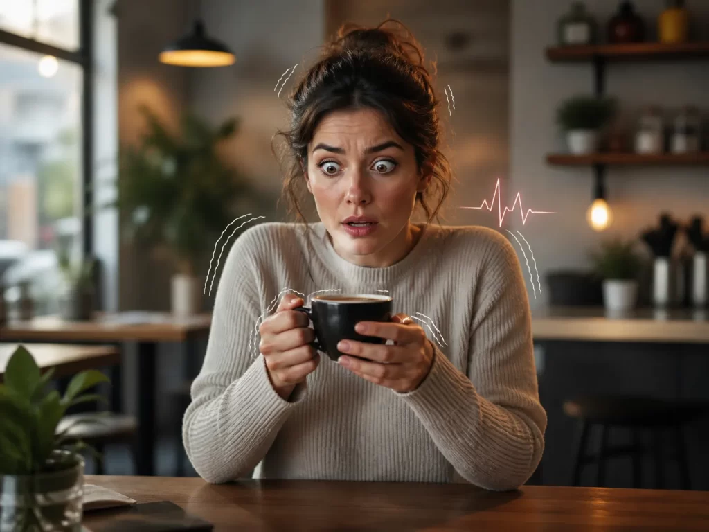 Een nerveuze vrouw met een kop koffie toont duidelijke signalen van sterke cafeïnereactie, zoals trillen, spanning en een versnelde hartslag.