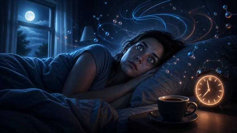 Een beeld van iemand die ’s nachts wakker ligt door gevoeligheid voor cafeïne, met koffie, maanlicht en rusteloze energie als symbolen voor een overactieve geest.