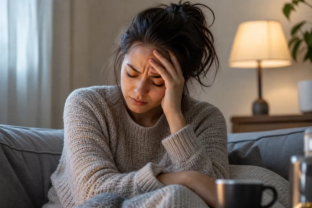 Een vermoeide vrouw met hoofdpijn rust uit op de bank in een rustige woonkamer.