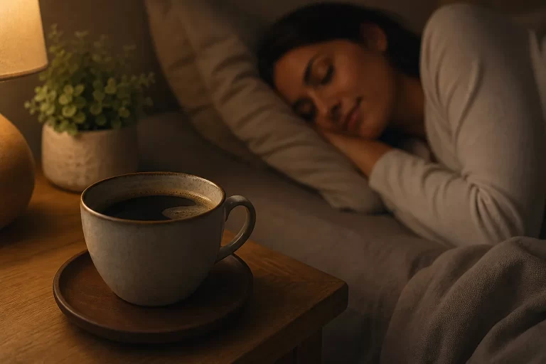 Een warme kop decaf koffie naast het bed, perfect voor een rustige avond zonder cafeïne.