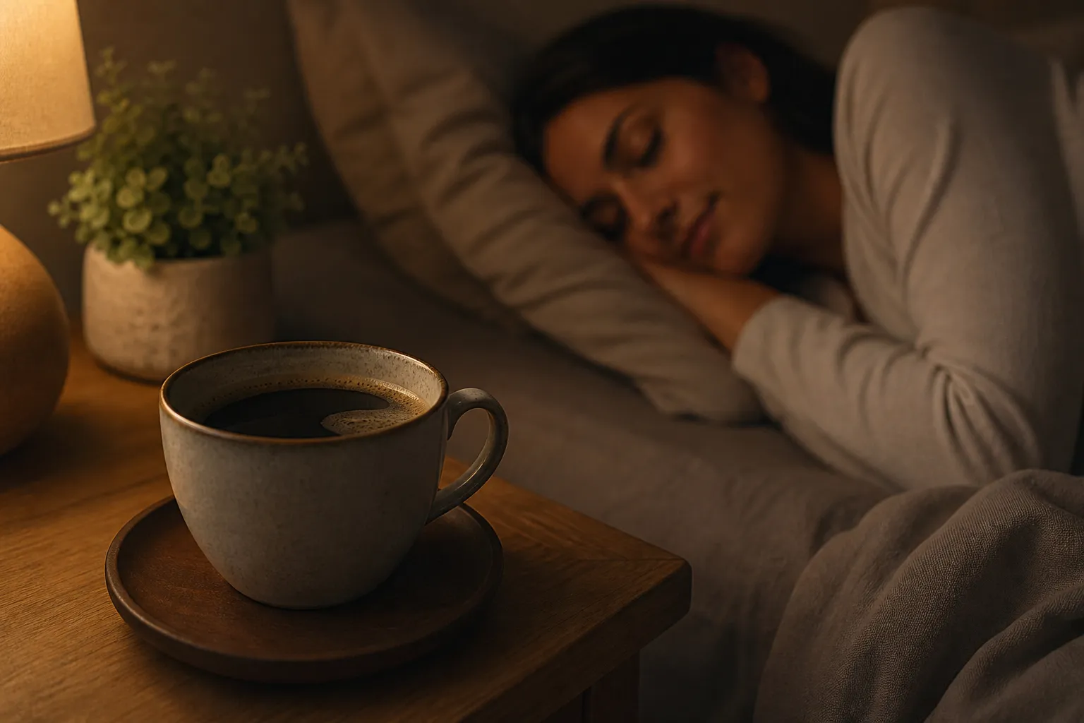 Een warme kop decaf koffie naast het bed, perfect voor een rustige avond zonder cafeïne.