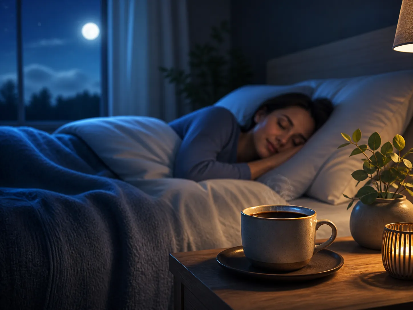 stige nachtscène met een kop decaf koffie en een ontspannen slaapmoment, ideaal voor betere nachtrust.