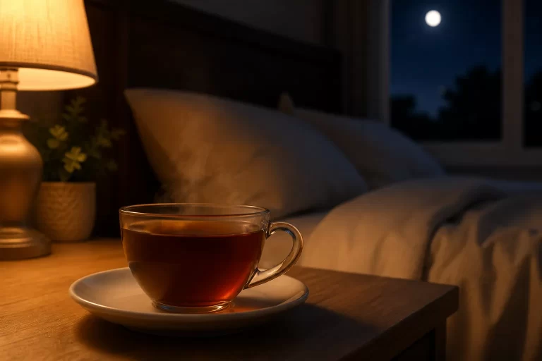 Een warme kop zwarte thee naast het bed in een rustige nachtelijke sfeer.