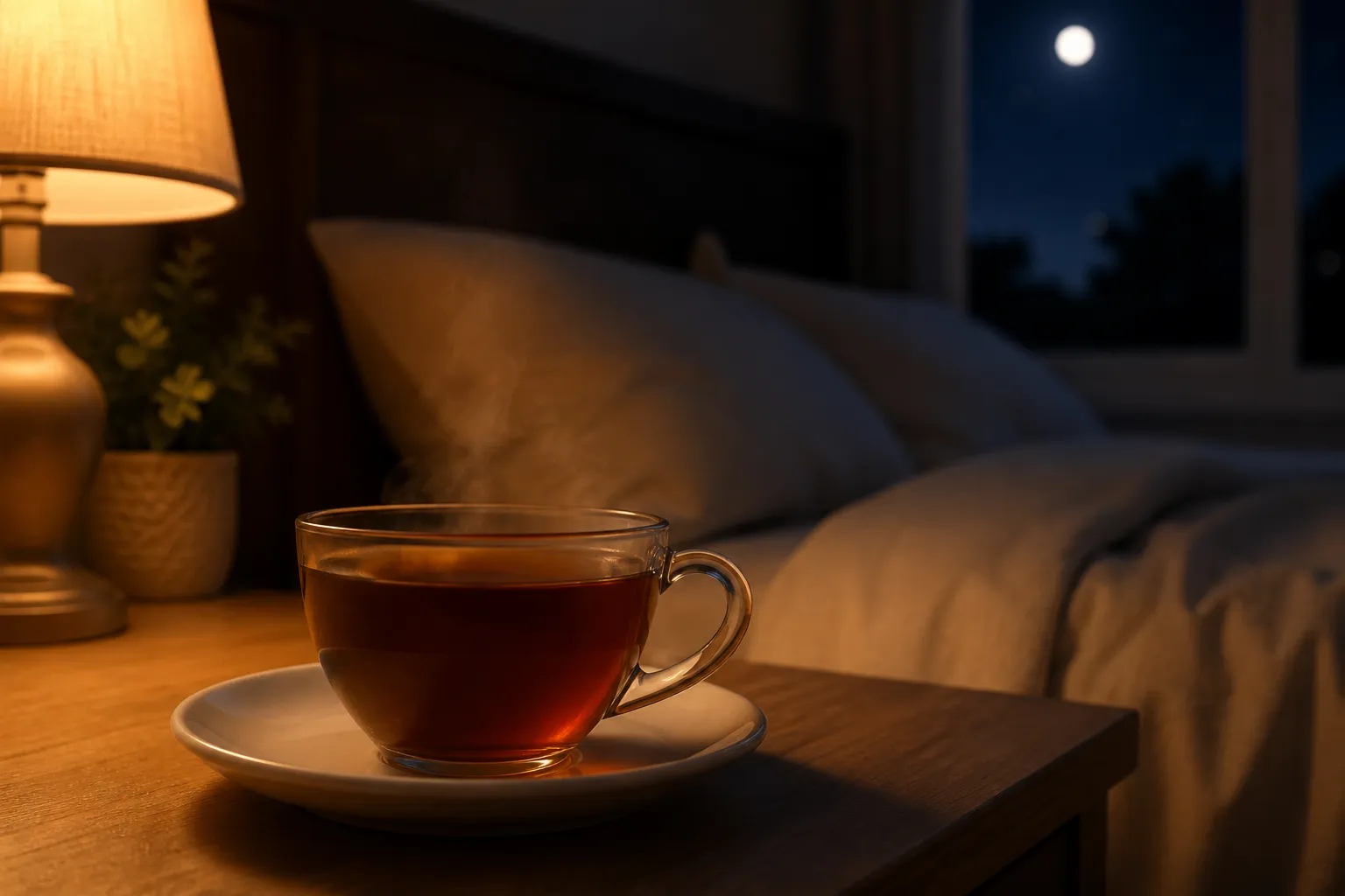 Een warme kop zwarte thee naast het bed in een rustige nachtelijke sfeer.