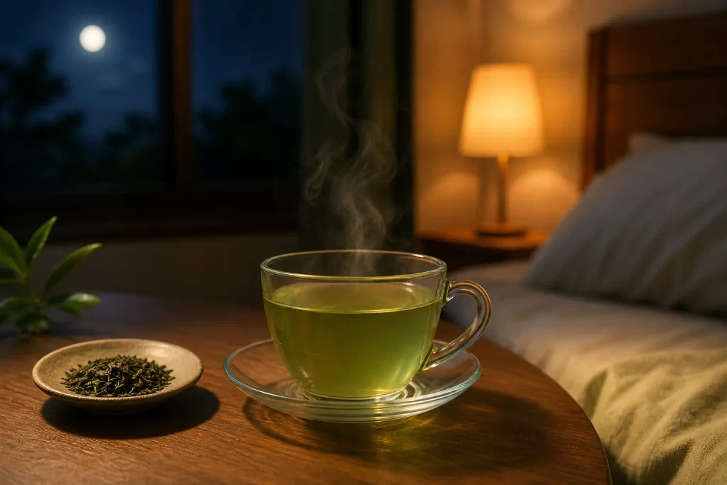 Een warme kop groene thee op het nachtkastje in een rustige, sfeervolle slaapkamer.