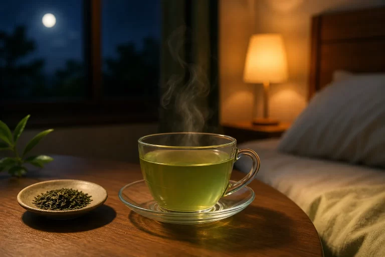 Een warme kop groene thee op het nachtkastje in een rustige, sfeervolle slaapkamer.