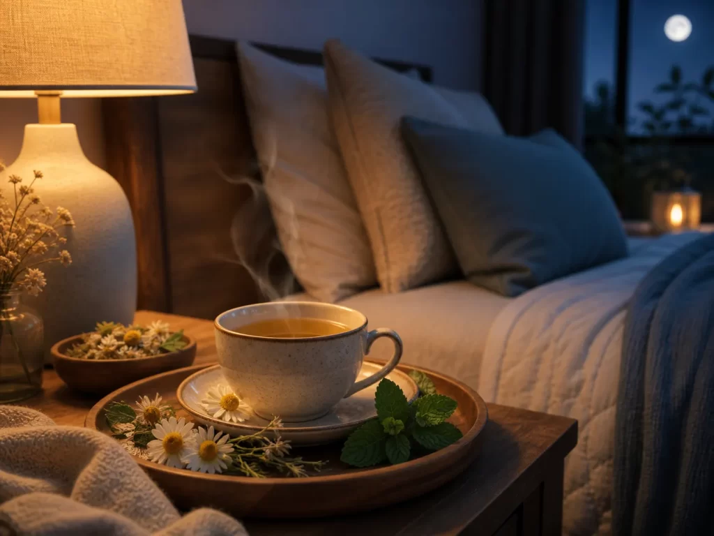 Een rustgevend kopje kruidenthee naast het bed, perfect voor een kalme avond en een ontspannen nachtrust.
