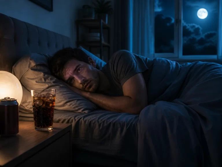 Een slapeloze nacht door cola drinken vlak voor bedtijd.