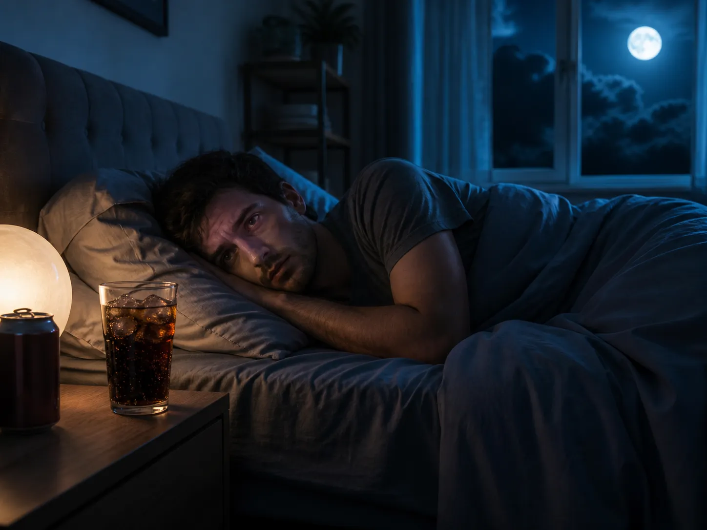 Een slapeloze nacht door cola drinken vlak voor bedtijd.
