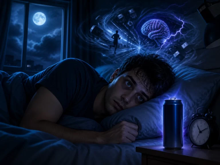 Een jonge man ligt wakker in bed terwijl een energiedrank zijn rust verstoort.