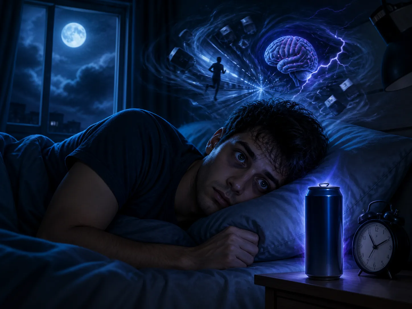 Een jonge man ligt wakker in bed terwijl een energiedrank zijn rust verstoort.