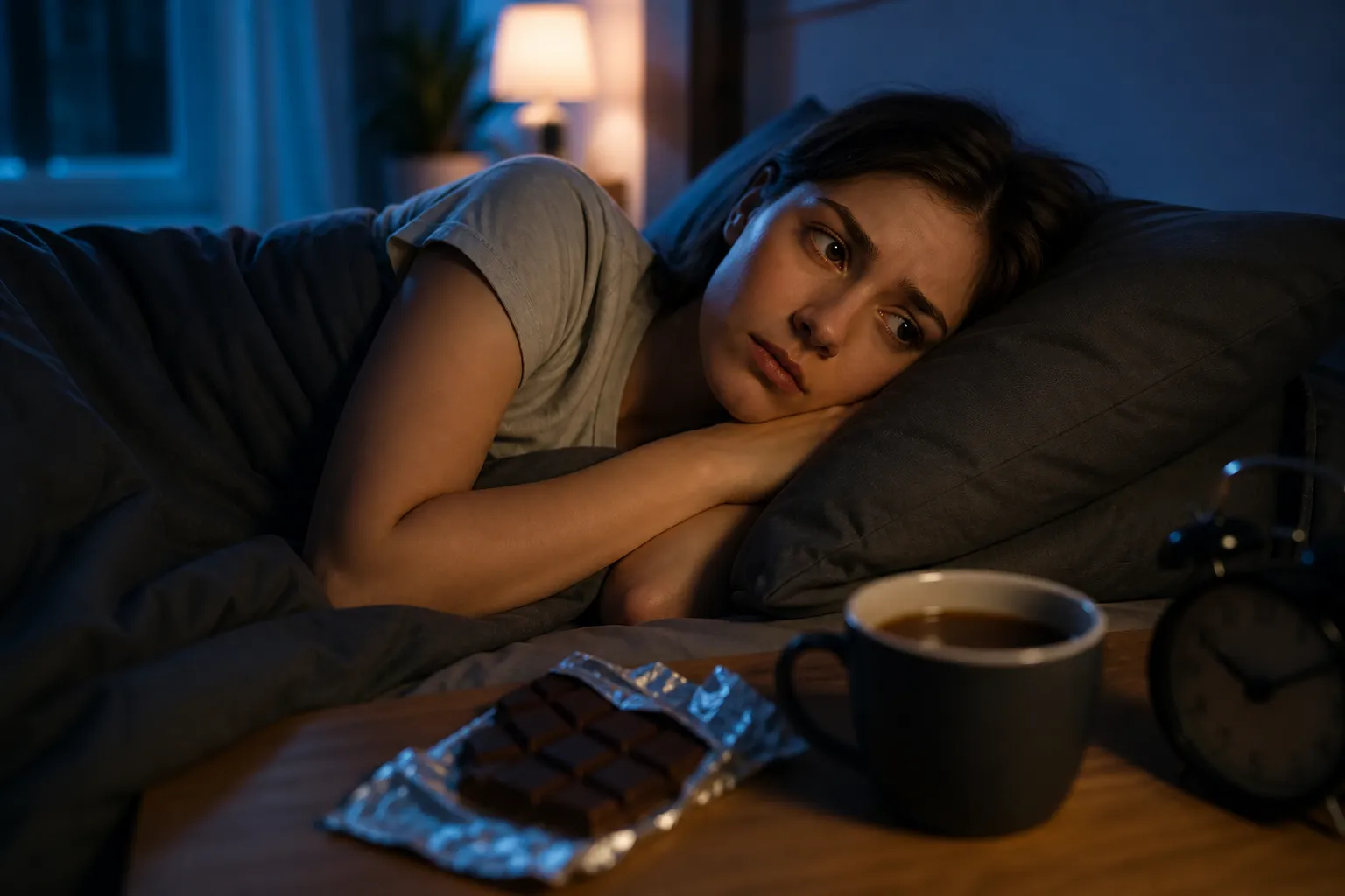 Een rustige nachtscène waarin chocolade en cafeïne een onrustige slaap kunnen suggereren.
