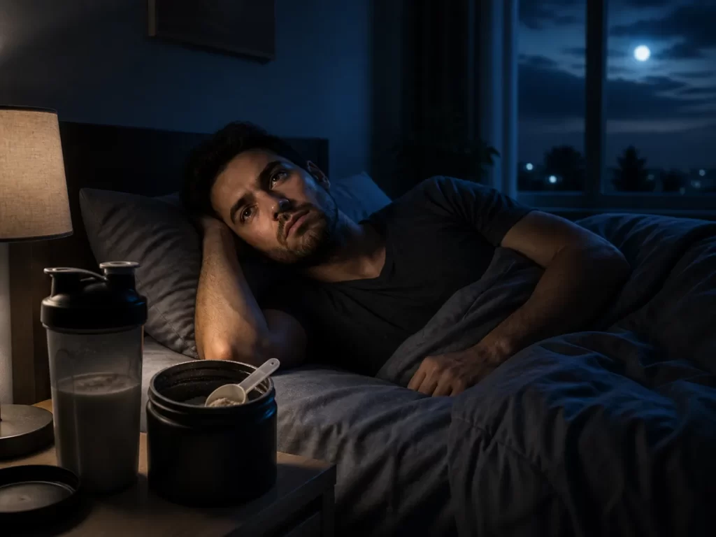 Een man ligt wakker in bed na het nemen van pre-workout in de avond, met een shaker en supplement op het nachtkastje.