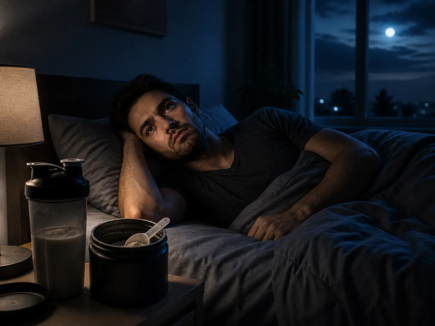 Een man ligt wakker in bed na het nemen van pre-workout in de avond, met een shaker en supplement op het nachtkastje.