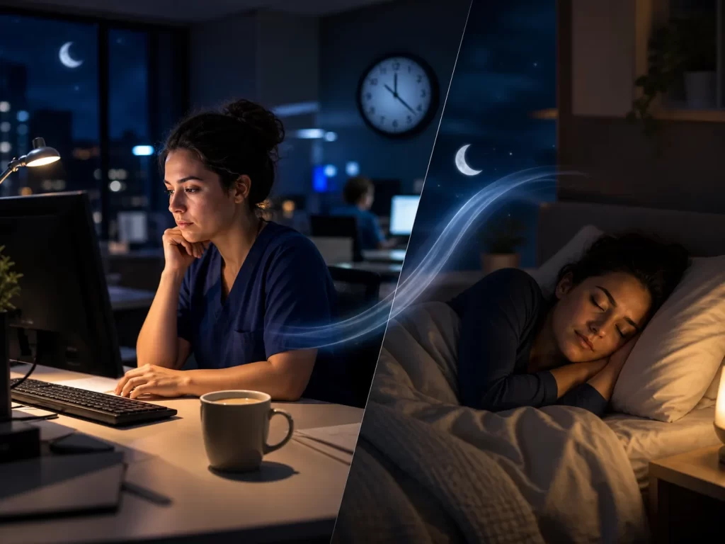 Een rustige nachtelijke scène over bewust cafeïne gebruiken om alert te blijven tijdens het werk en daarna beter te slapen.