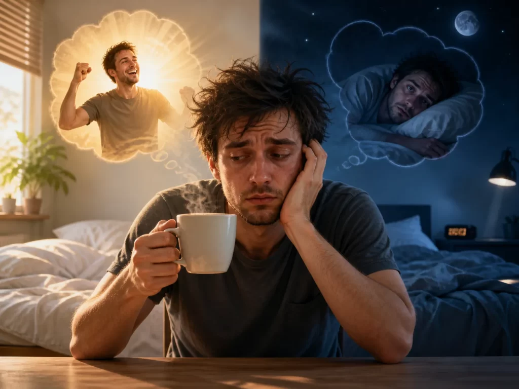 Een vermoeide man twijfelt of koffie hem energie geeft of zijn slaapritme verder verstoort.
